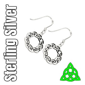 Celtic Dara Knot Sterling Silver Drop Hoop Irish Earrings