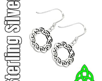 Celtic Dara Knot Sterling Silver Drop Hoop Irish Earrings