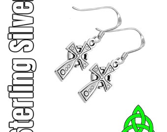 Celtic Cross Sterling Silver Drop Dangle Irish Earrings