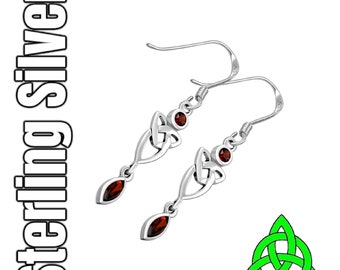 Red Garnet Silver Celtic Trinity Knot Long Irish Drop Earrings