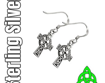 Celtic Cross Sterling Silver Drop Dangle Irish Earrings