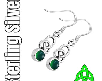 Green Celtic Dara Knot Drop Silver Irish Earrings