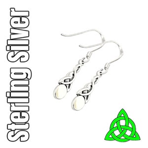 Abalone Silver Mother of Pearl Celtic Trinity Knot Long Irish Drop Earrings