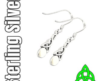 Abalone Silver Mother of Pearl Celtic Trinity Knot Long Irish Drop Earrings