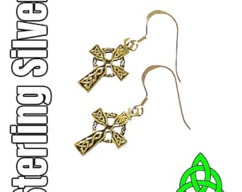Celtic Cross Sterling Silver Dangle Irish Earrings