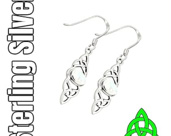 Sterling Silver Celtic Dara Knot Irish Earrings Rainbow Moonstone.