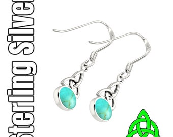 Turquoise Silver Celtic Trinity Knot Long Irish Drop Earrings