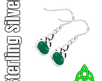 Green Silver Celtic Trinity Knot Irish Dangle Earrings