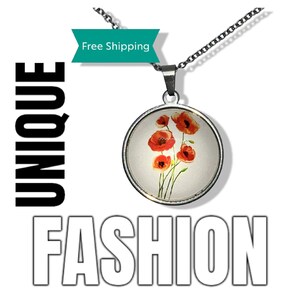Poppy Flower Necklace and Red Peace Wildflower Pendant, Long Boho Floral Botanical Jewelry Handmade Remembrance Jewellery Gift Eco Packaging