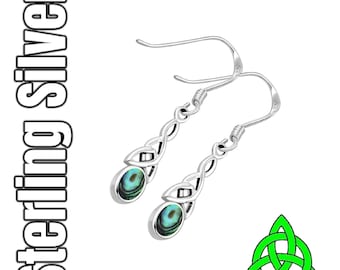 Abalone Silver Mother of Pearl Celtic Knot Long Irish Drop Earrings