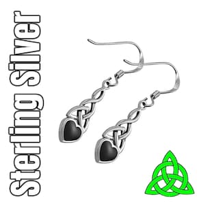 Black Onyx Heart Celtic Knot Irish Dangle Silver Earrings