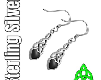 Black Onyx Heart Celtic Knot Irish Dangle Silver Earrings