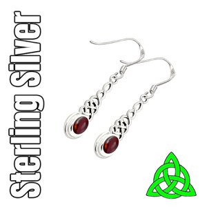 Red Garnet Celtic Irish Dara Knot Long Drop Silver Earrings