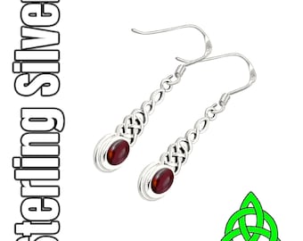 Red Garnet Celtic Irish Dara Knot Long Drop Silver Earrings