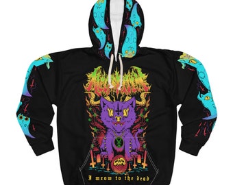 Necro Kitty - Satanic Kawaii Hoodie Gothic Clothing sigil of lucifer baphocat lucipurr baphomet necromancer goth pullover hoodie with ghosts