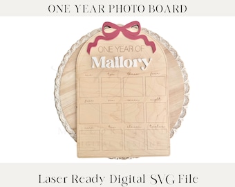 Coquette Bow Baby’s First Year Monthly Milestone Board SVG File - First Birthday Laser Files, 1st Birthday Photo Collage - Digital Download