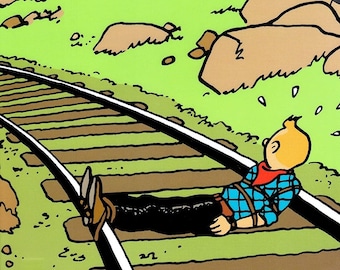 Tintin and Snowy document sleeve, DIN A4 format, design "Tintin tied to rails" by Moulinsart