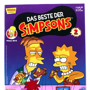 Könnte beinhalten: Ein Comic-Cover mit den Simpsons-Charakteren. Das Cover ist lila mit dem Titel "DAS BESTE DER SIMPSONS" in Rot und Weiß. Die Figuren sind als Marionetten mit Fäden an ihren Gliedmaßen dargestellt. Der Comic trägt den Titel "Winter 2012" und ist Nummer 2.