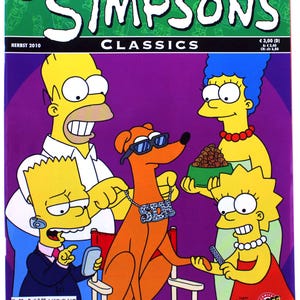 Könnte beinhalten: Ein Simpsons Classics Comic-Cover mit der Familie Simpson und einem Hund mit Sonnenbrille und einer Halskette mit der Aufschrift "SOB". Das Cover trägt den Text "SO EIN HUNDELEBEN!" und "HERBST 2010". Der Hintergrund ist lila.