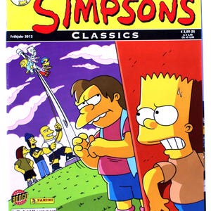 Könnte beinhalten: Comic-Cover mit Charakteren der Simpsons. Der Hintergrund ist gelb mit dem Titel "SIMPSONS CLASSICS" in großen roten Buchstaben. Das Bild zeigt Bart Simpson und Nelson Muntz, mit anderen Charakteren im Hintergrund.