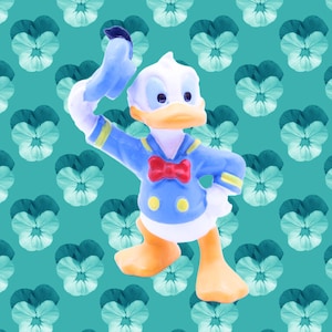 May include: A Donald Duck figurine featuring the character in a blue sailor suit with a red bow tie, yellow buttons, and a matching blue sailor hat. The figure is depicted in a standing pose with one hand raised to the brim of the hat.