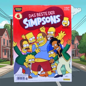Könnte beinhalten: Ein Comic-Cover mit den Simpsons-Charakteren. Das Cover ist rot mit dem Titel "DAS BESTE DER SIMPSONS" und der Nummer "6". Die Charaktere sind in einer Gruppe, mit Bart Simpson in einem Kreis. Der Text "Winter 2013" ist ebenfalls sichtbar.