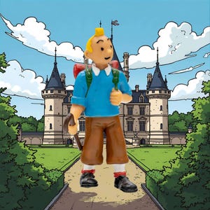 May include: A figurine of a cartoon character with a yellow quiff, blue shirt, brown trousers, and a red backpack, holding a walking stick. The character stands in front of a castle with a blue sky and clouds in the background.