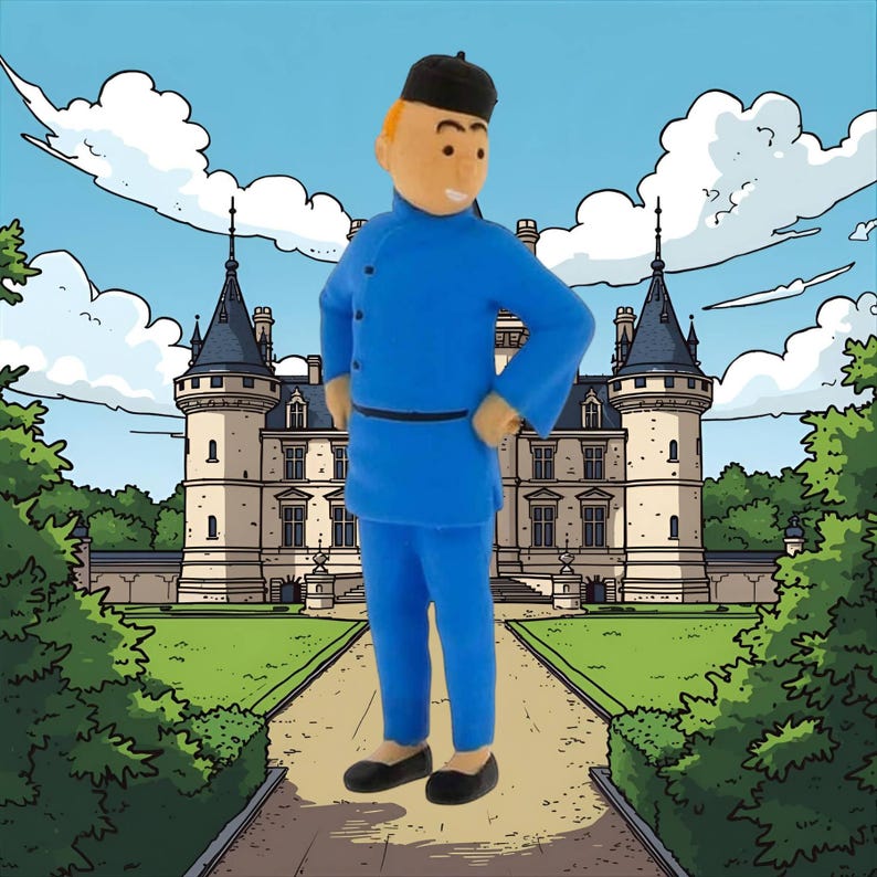 May include: A figurine of a character in a blue outfit and black hat, standing in front of a castle. The character is posed with hands on hips. The background features a blue sky with clouds and a path leading to the castle.