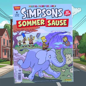 Könnte beinhalten: Ein Comic-Cover der Simpsons mit dem Titel "Sommer Sause". Die Illustration zeigt Bart Simpson, der auf einem blauen Elefanten angelt, mit anderen Charakteren im Hintergrund. Das Comic hat das Bongo Comics-Logo und den Text "52 Seiten!"