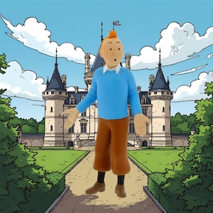 Pode incluir: Uma figura de Tintin, personagem de banda desenhada, em frente a um castelo. Tintin usa um suéter azul, calças castanhas e sapatos castanhos. O fundo apresenta uma ilustração detalhada de um castelo, céu azul e folhagem verde.