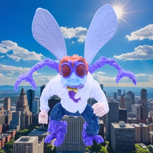 May include: A toy figure of a fly-like creature with large red eyes, purple limbs, and large wings. The figure is wearing a white shirt, blue pants, and a yellow bow tie. The background shows a cityscape under a blue sky with clouds.