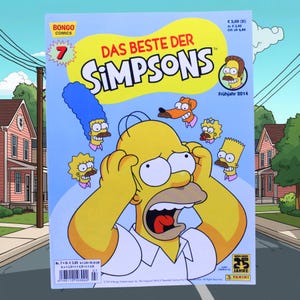 Könnte beinhalten: Comic-Cover mit Homer Simpson in einem schockierten Gesichtsausdruck, umgeben von anderen Simpsons-Charakteren. Der Titel "DAS BESTE DER SIMPSONS" ist deutlich sichtbar. Die Ausgabe enthält die Nummer 7 und "Frühjahr 2014".