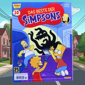 Könnte beinhalten: Ein Comic-Cover mit der Familie Simpson. Der Titel "DAS BESTE DER SIMPSONS" ist in Rot und Blau gehalten. Das Cover zeigt Homer, Bart und Lisa Simpson mit einer dunklen, schattenhaften Figur. Der Comic ist mit "Winter 2014" datiert.