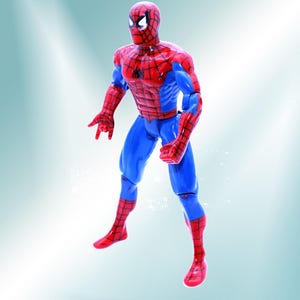 May include: A red and blue action figure of Spider-Man with a black spider logo on the chest. The figure is posed in a dynamic stance with one arm raised and the other bent at the elbow.