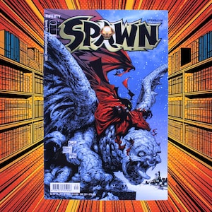 Könnte beinhalten: Ein Spawn-Comicbuch Ausgabe 48 vom August/September 2001 mit einer Titelbildillustration einer geflügelten Kreatur mit rotem Umhang vor blauem Hintergrund. Der Titel Spawn ist in großen schwarzen Buchstaben mit einem Totenkopf-Symbol gedruckt.