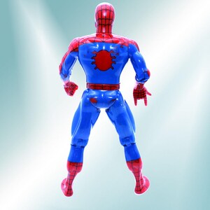 May include: A blue and red plastic action figure of Spiderman standing with his back to the camera. The figure has a red spider symbol on its back.