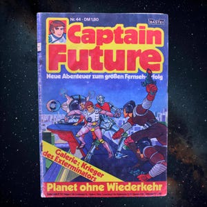 May include: A retro comic book cover with the title "Captain Future" in bold yellow lettering. The illustration shows a sci-fi scene with costumed characters and a spaceship. Text includes "Neue Abenteuer zum großen Fernseh folg".