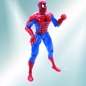 May include: A red and blue action figure of Spider-Man with a web design on his chest and legs. The figure is posed with one arm raised and a fist clenched.