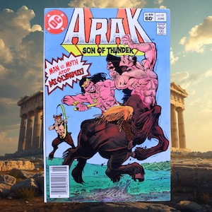 May include: A vintage comic book cover featuring the title "Arak, Son of Thunder." The cover art depicts a battle scene with muscular figures and the text "Man vs. Myth atop Mt. Olympus!" The comic is from DC Comics, issue number 10.