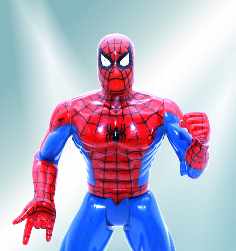 May include: A red and blue plastic action figure of Spider-Man with a black spider symbol on the chest. The figure has a white mask with black eyes and a red mouth.