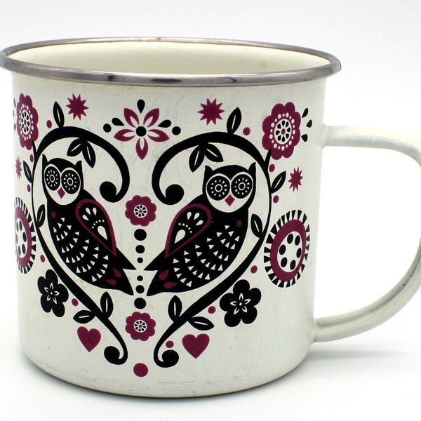 Folklore enamel mug with owl motif from Half Moon Bay