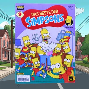 Könnte beinhalten: Ein Comic-Cover mit Charakteren der Simpsons. Der Titel "DAS BESTE DER SIMPSONS" steht in großen blauen Buchstaben auf rotem Hintergrund. Bart Simpson ist prominent dargestellt, umgeben von anderen Charakteren und Donuts. Das Cover enthält den Text "Herbst 2014".