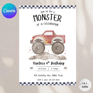 Monster Truck Birthday Invitation, Monster Truck Invite, Red Monster Truck, Boys Birthday Party Invite, Evite, Editable Monster Truck Invite