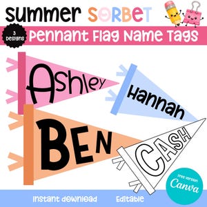 May include: A digital graphic featuring the text Summer Sorbet Pennant Flag Name Tags with three triangular pennant designs in pink, blue, and orange, plus one white outline version. The names Ashley, Hannah, Ben, and Cash are displayed.