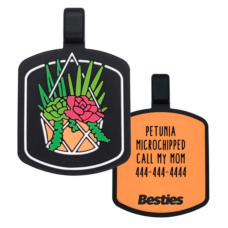 May include: Black pet tag with a succulent plant design in a hanging pot. The tag's reverse side is orange with the text "PETUNIA MICROCHIPPED CALL MY MOM 444-444-4444 Besties."