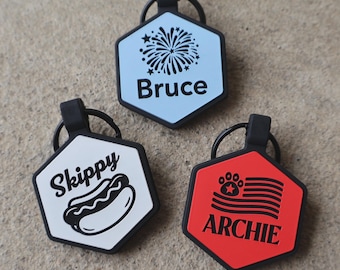 Patriotic Dog ID Tags | Personalized Silicone Pet ID Tag | Waterproof Engraved Dog Collar Tag | Red White & Blue Pet Tag | Silent Dog Tag