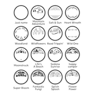 May include: A collection of sixteen circular black and white graphic icons arranged in a four-by-four grid. Each icon features a unique line art design, including mountains, suns, flowers, mushrooms, a van, and celestial motifs, with text labels below each.