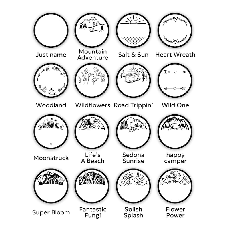 May include: A collection of sixteen circular black and white graphic icons arranged in a four-by-four grid. Each icon features a unique line art design, including mountains, suns, flowers, mushrooms, a van, and celestial motifs, with text labels below each.