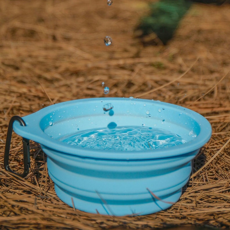 May include: A light blue collapsible silicone bowl with a black carabiner attached to the rim. The bowl is filled with water, and droplets are captured mid-air as they fall into the center of the basin, creating ripples on the surface of the liquid.
