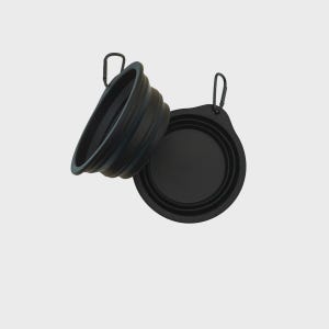 May include: Two black collapsible bowls made of flexible material, each featuring a circular rim and a flat base. Both bowls include a small integrated tab with a metal carabiner attached, allowing for easy hanging or attachment to other items.